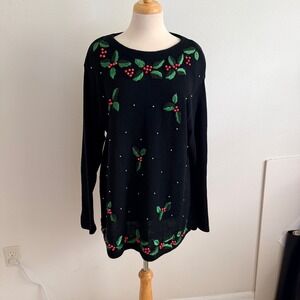 Christmas‎ Holly Berry Beaded Holiday Sweater Size Lg Embroidered Knit